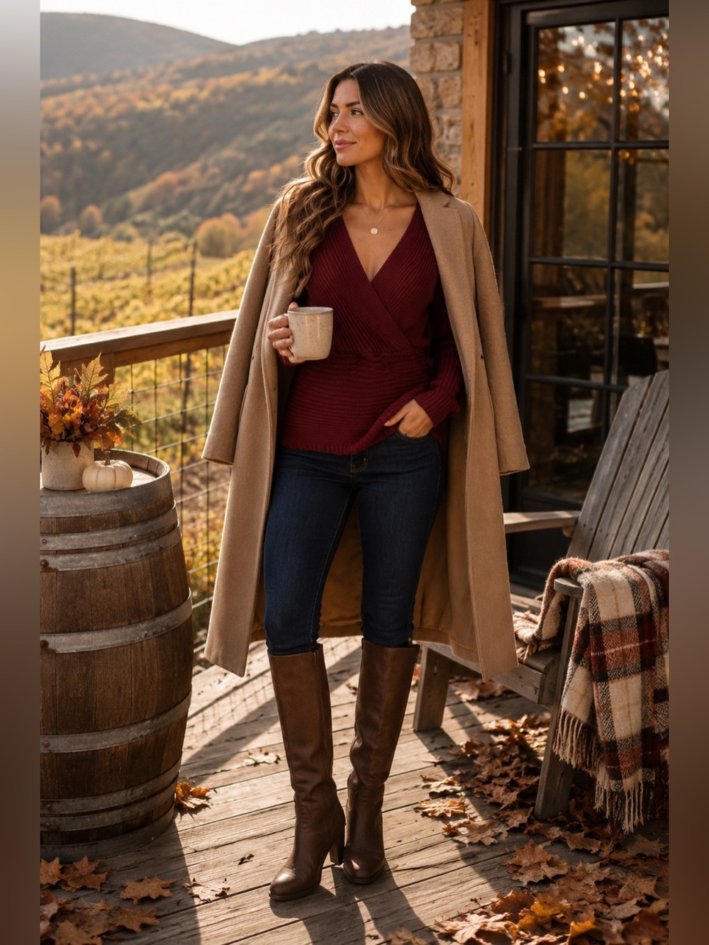 Burgundy Ribbed Wrap Sweater Large Deep V Neck Waist Cinch Fall Winter Knit Top